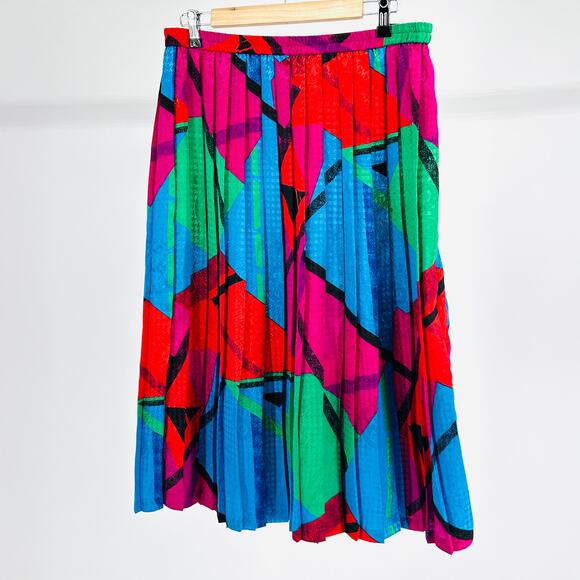 80s Satin Bright Colored Houndstooth Pink Red Graphic Pleated A-Line Midi Skirt - Picture 1 of 6
